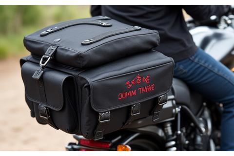 Custom motorcycle saddle bag with modular compartments and personalized patch