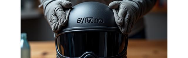 Close-up of hands cleaning a motorcycle helmet visor.