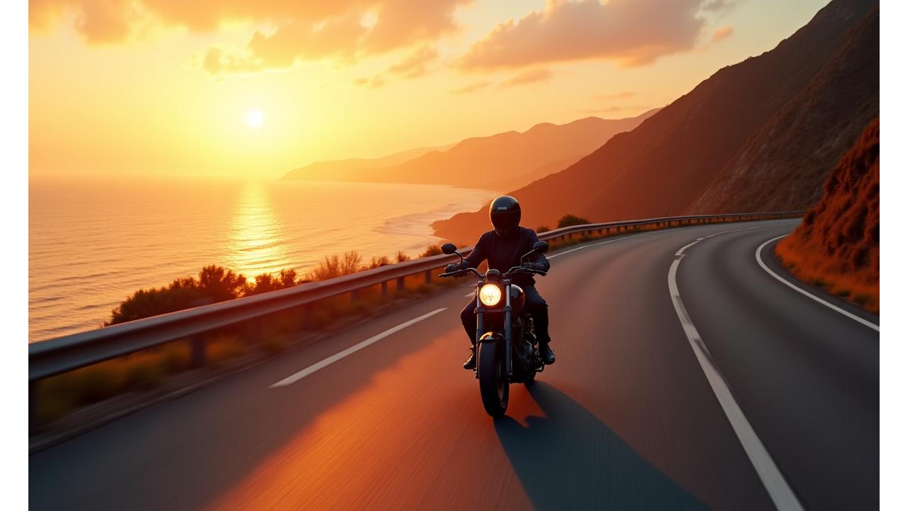 A motorcycle rider on an open road at sunset, highlighting freedom and adventure.