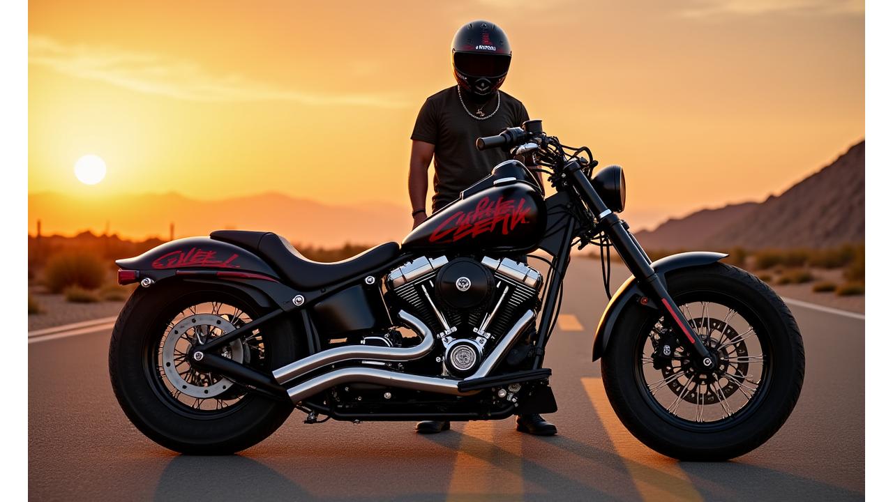 Motorcycle with custom graphics and rider in a helmet with decals, showcasing personalization options