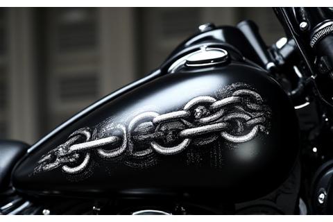 Motorcycle chain graphic sticker applied to a black fairing, showcasing durability